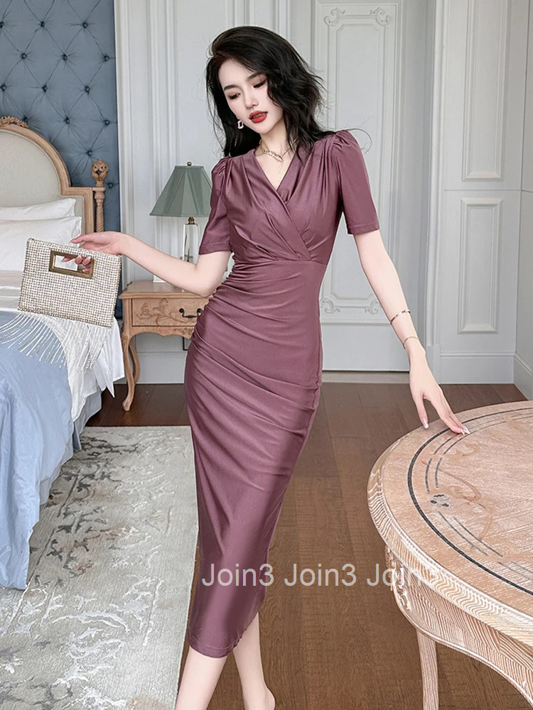 Summer Work Style Formal Business Pencil Dress Women Clothes Mujer Elegant Office Commute V-Neck Folds Party Vestidos Stretchy