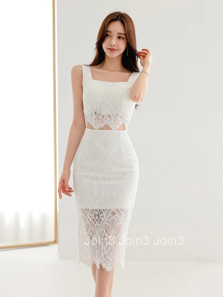 Women Clothes White Lace Outfit Elegant Sexy Tank Cropped Short Tops Shirt Blouse And High Waist Skirt Mujer 2 Pieces Set Summer