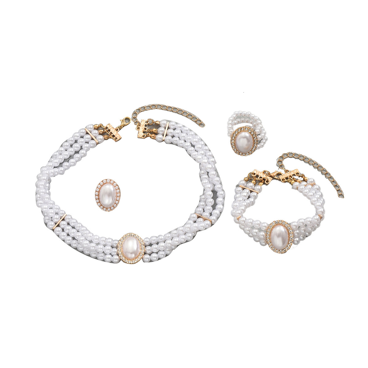 Women's Necklace Earrings Bracelet Set Small Multi-layer Pearl Clavicle Chain Jewelry
