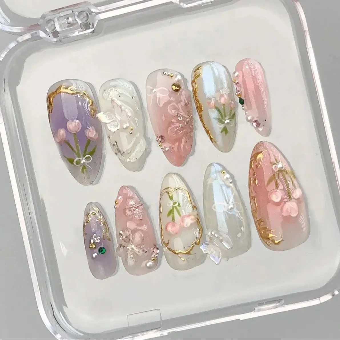 10PCS Handmade Spring/Summer press on nails Ballet Ribbon Blush Bloody Plaid Diamond Adam Mitchel Lambert Stick ons R250623