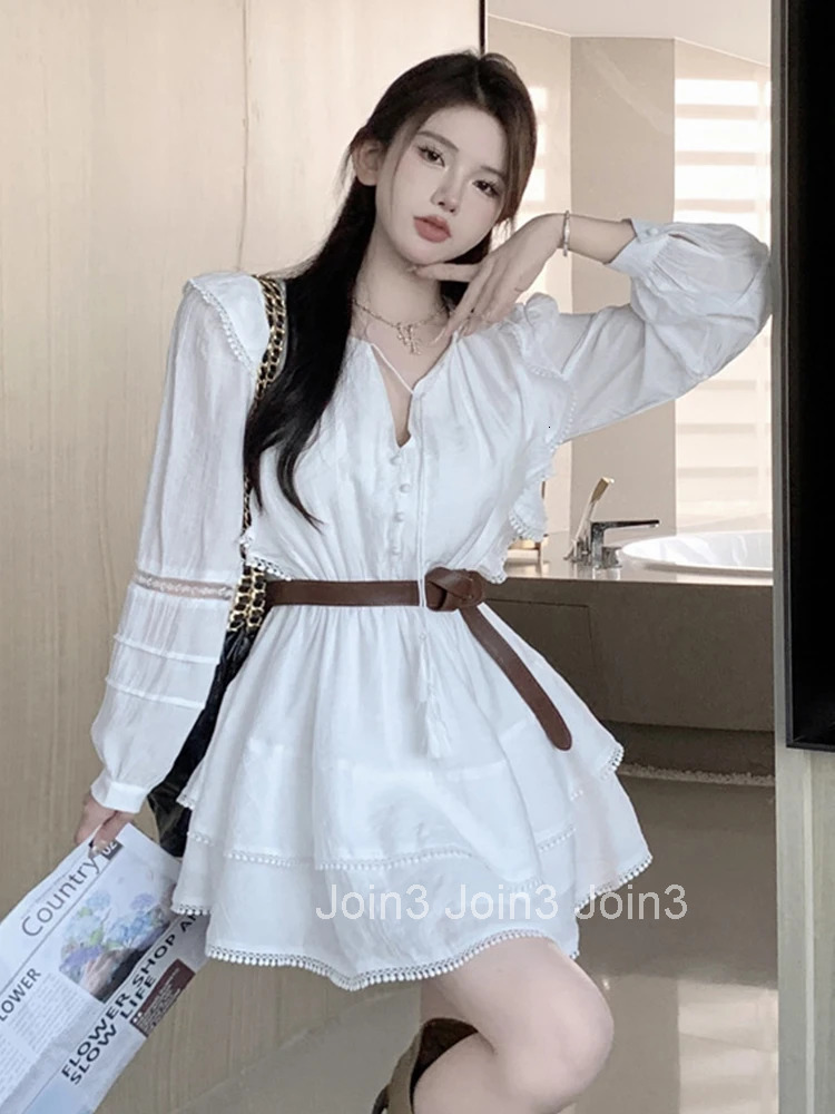 New Autumn Fashion Sweet White Ruffle V-Neck Short Dress Women Lady Casual Puff Sleeve Slim Belt A-Line Vestidos Street Clothes