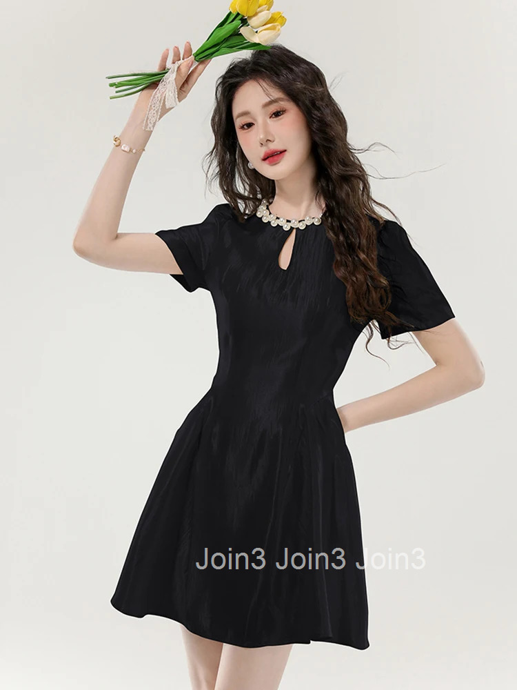 Women Clothes Sweet Solid Hollow Sexy Pearl O-Neck Slim A-Line Mini Short Dress Elegant Fashion Party Prom Vestidos Casual New