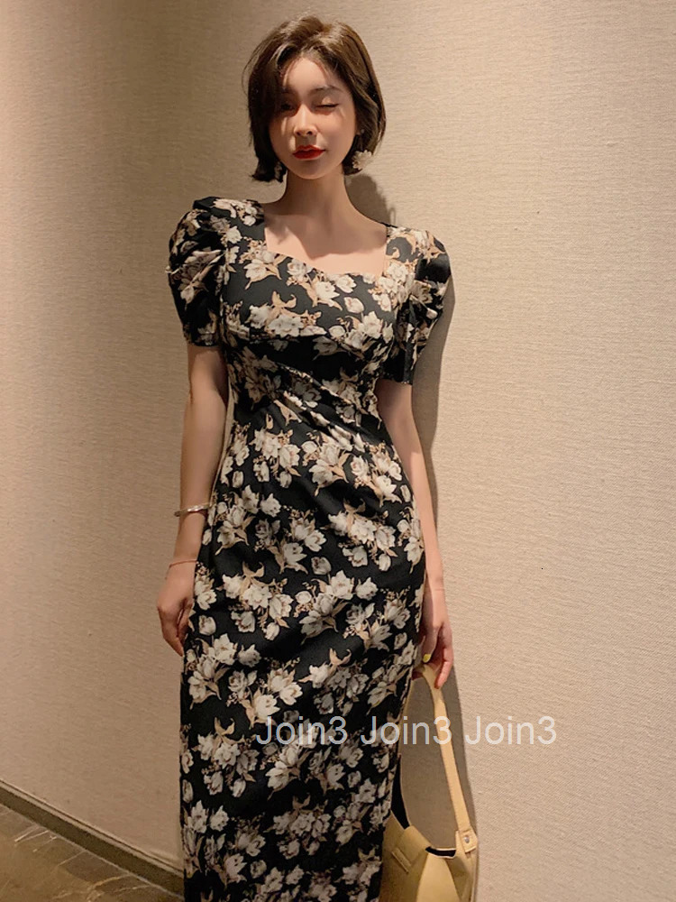 New Arrival Fashion Party Dress Women Elegant Summer Vintage Puff Sleeve Print Beach Temperament Office Lady Slim Pencil Dress