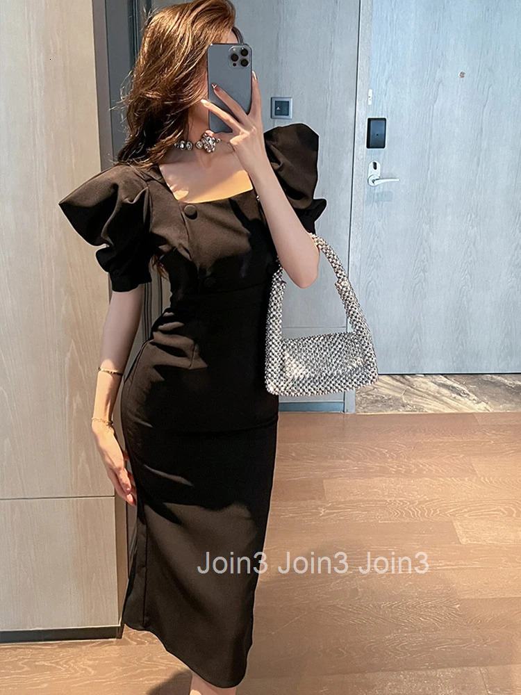 New Fashion Summer Women Evening Dress Retro Puff Sleeve Slim Midi Party Club Prom Robe Femme Mujer Vestido Fiesta Boda Invitada