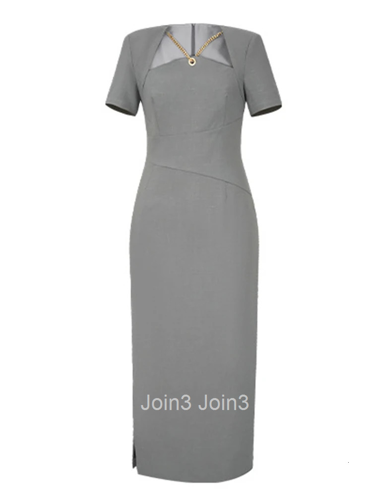 New Summer French Fashion Gray Formal Occasion Pencil Dress Women Clothes Commute Elegant Lady Short Sleeve Slim Midi Vestidos