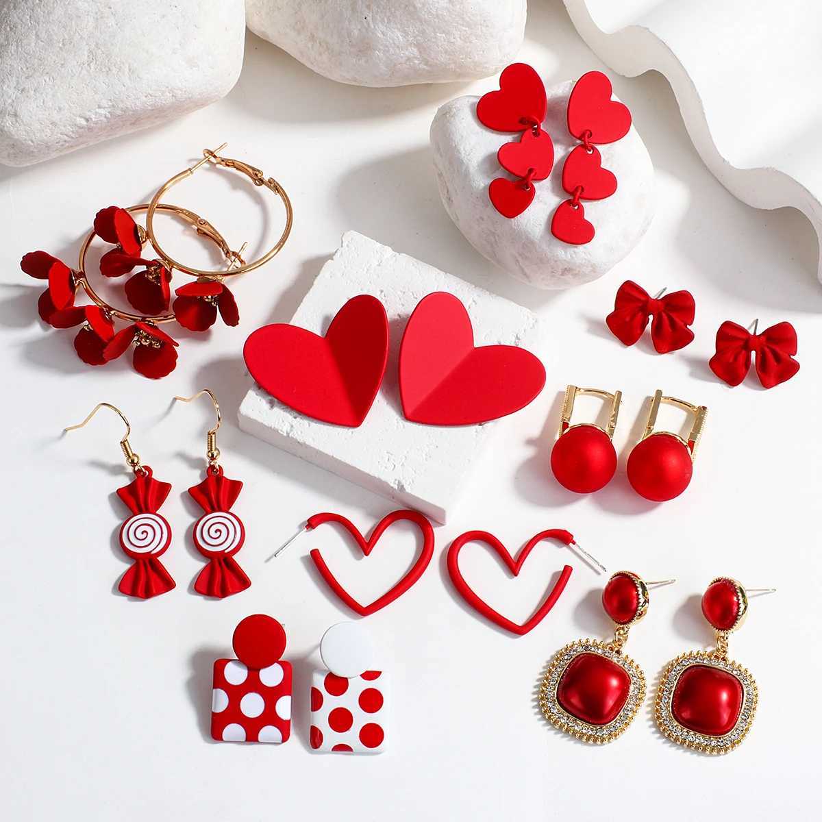 AENSOA Multiple Red Color Earrings Can Bownot Heart Flower Metal Pearl Drop Earrings for Women Girls Christmas Jewelry Gift XJ250623