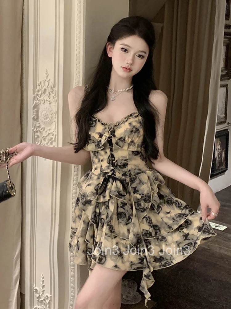 Women Clothes Sweet Floral Sexy Strap Backless Slim Ruffle Mini Short A-Line Dress Fashion Party Prom Vestidos Beach Summer New