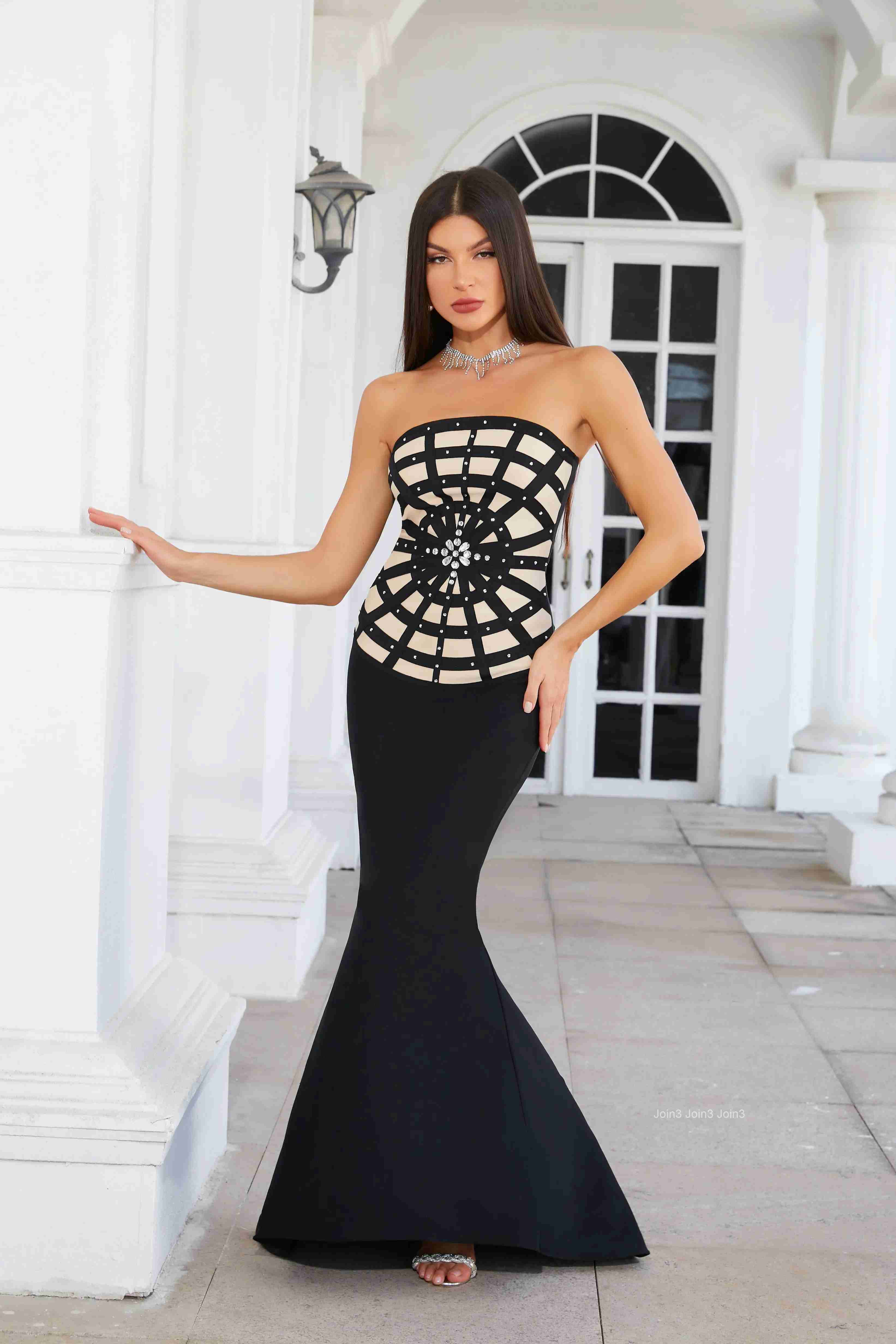 Womens Black Bandage Dress Strapless Grid Lace Mermaid Gown Beaded Mesh Panels Fishtail Evening Dress Formal Attire
