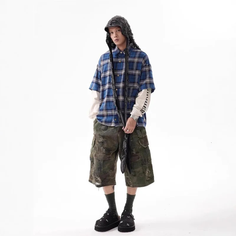 Mens Camo Denim Shorts Summer Casual Loose Multi-Pocket Cargo Pants High Street Fashion Hip Hop Ripped Shorts Mens Clothing 250618
