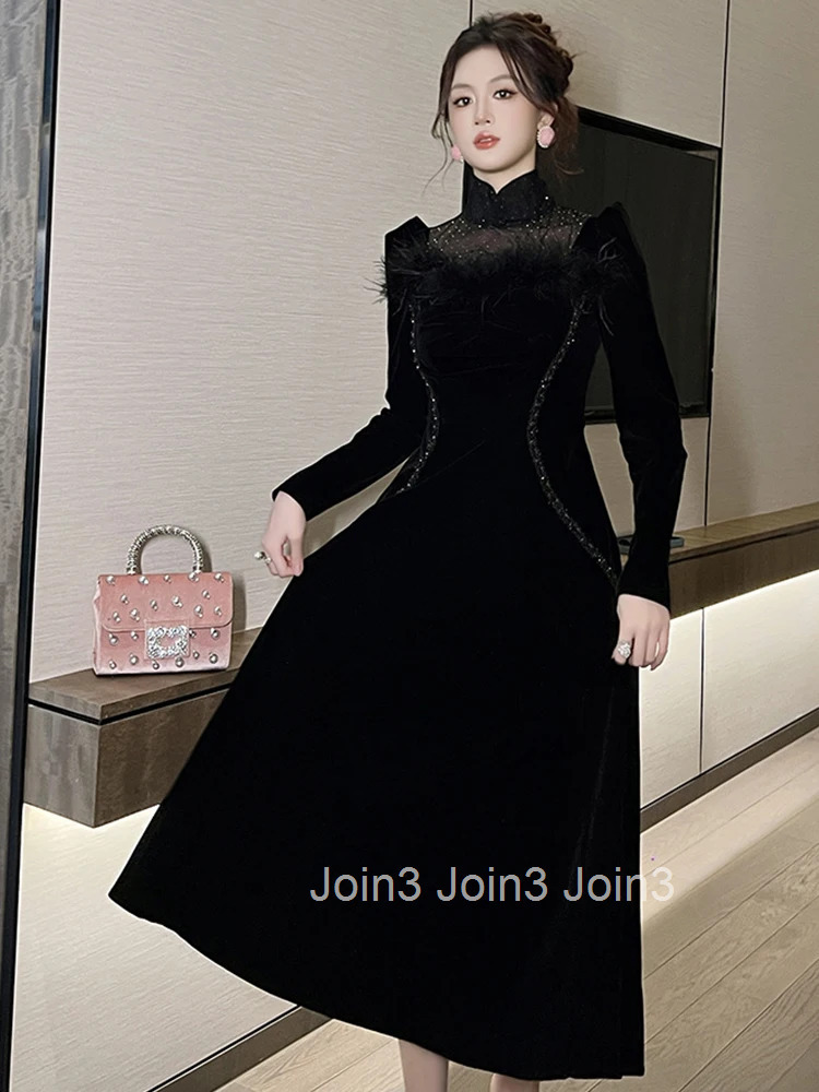 Women Clothes Retro Velvet Feather Stand Neck Slim Midi A-Line Dress Elegant Fashion Evening Party Prom Vestidos Robe Casual New