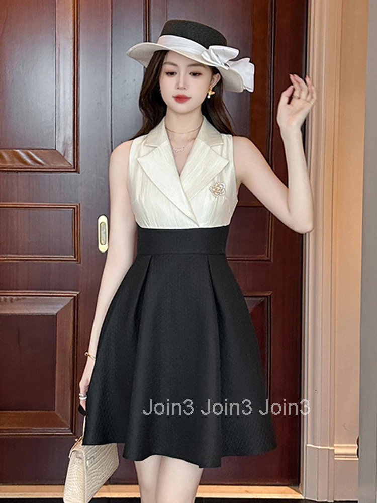 Summer Fashion Retro Fake 2 Pieces Formal Occasion Dress Women Clothes Elegant Sleeveless Slim A-Line Short Party Prom Vestidos
