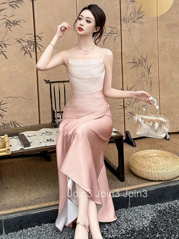 New Summer Fashion Lady Satin Vacation Evening Dress Women Clothing Sweet Sexy Strap Slim Long Party Prom Vestidos Fiesta Robe