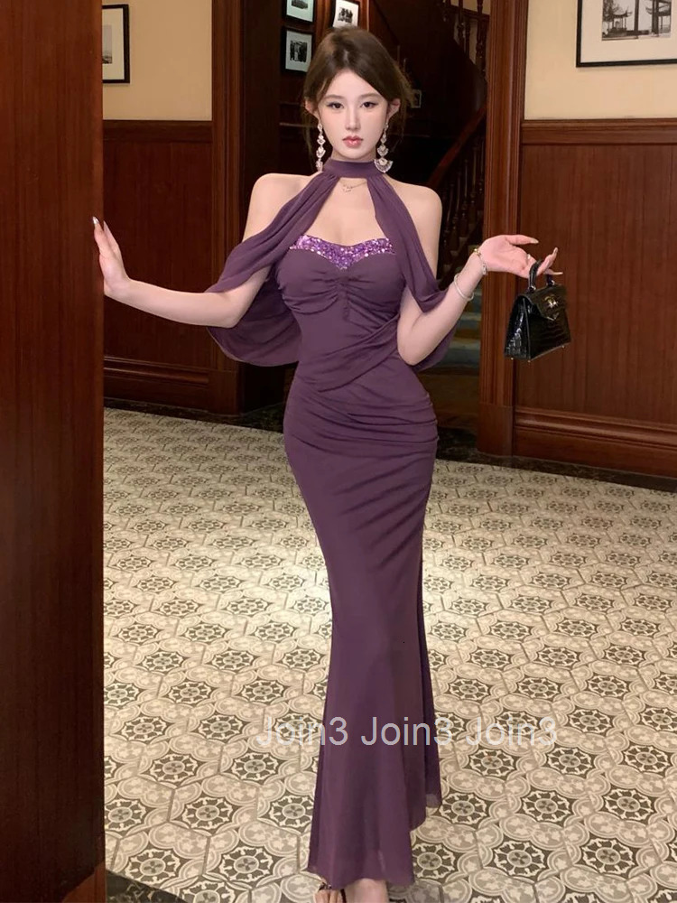 Women Clothes Vintage Sequin Purple Sexy Strapless Skinny Evening Long Dress Elegant Fashion Party Prom Vestidos Robe Beach New