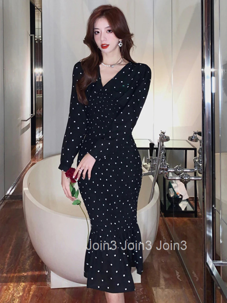 New Spring Autumn Women Evening Dress Vintage Black Dot V-Neck Corset Slim Midi Fishtail Party Beach Robe Femme Mujer Vestidos