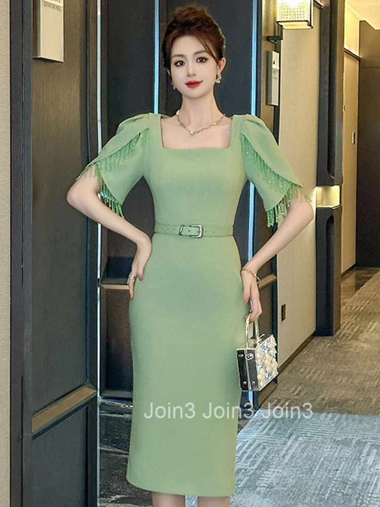 New Summer Fashion Solid Formal Occasion Evening Dress Women Clothes Elegant Luxury Square Collar Slim Midi Party Prom Vestidos