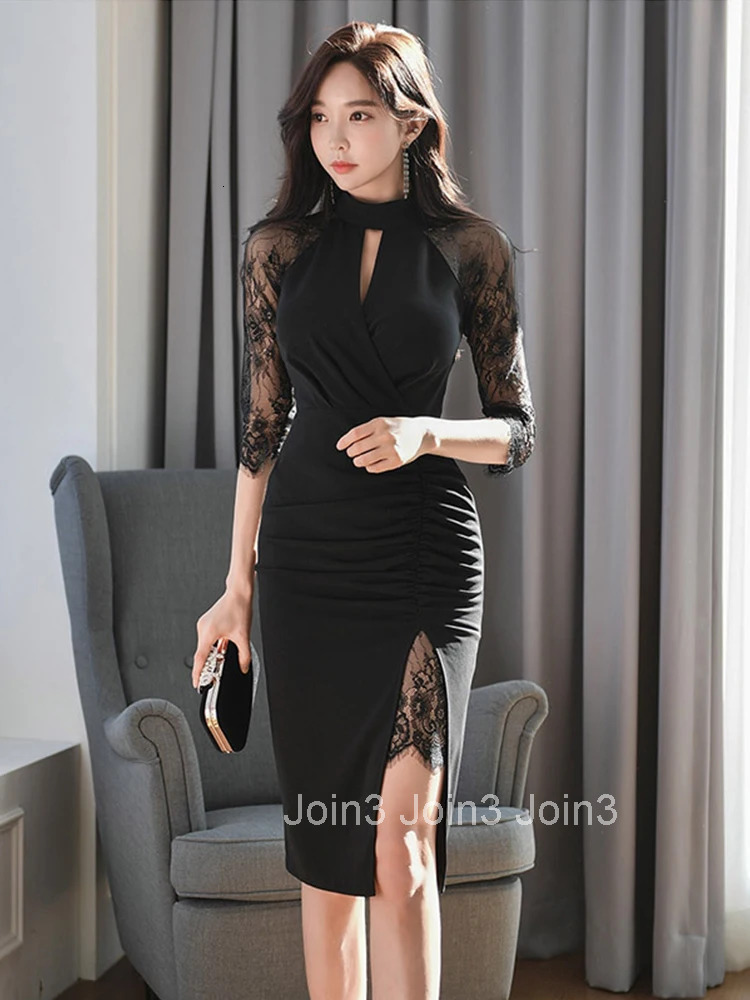 Summer Elegant Bodycon Evening Dress For Women Chic Sexy Hollow Lace Sheer Stand Neck Slim Midi Party Club Black Mujer Vestidos