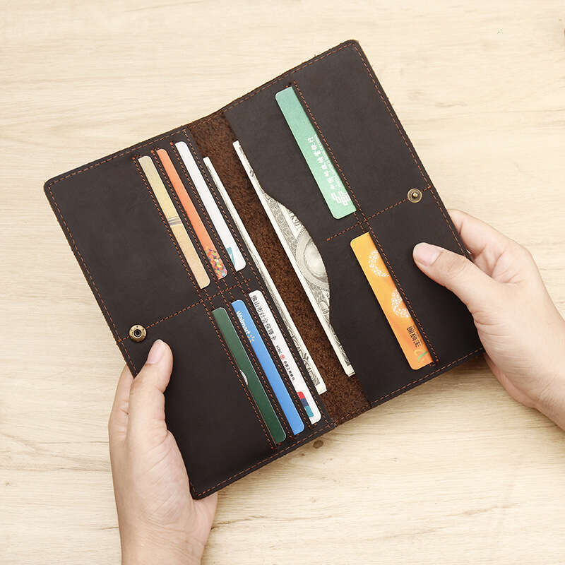 Men's Grain Leather Long Card Holder Multi-Card Slot Crazy Horse Cowhide Multi-Compartment Wallet