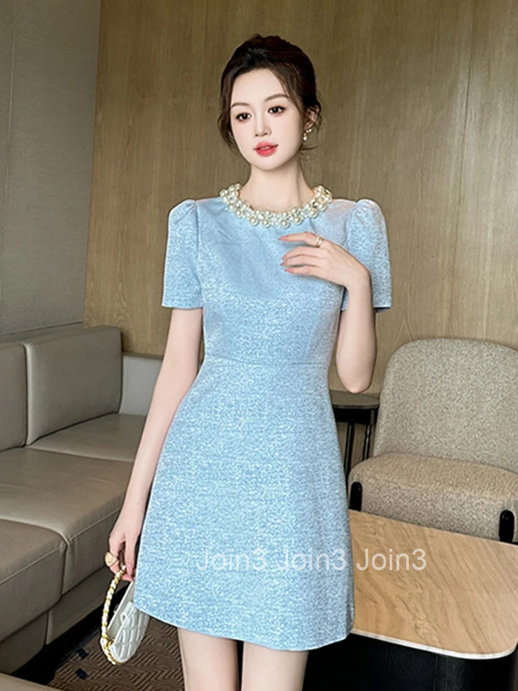 Summer Fashion Formal Occasion Evening Dress Women Elegant Luxury Pearl O-Neck Slim A-Line Short Party Vestidos Street Clothes