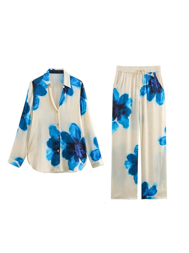 FMZXG Streetwear Laced Up Straight Pants Piece Set Women Casual Print Long Sleeve Button Shirt 2025 Spring Summer Pant Sets 250614