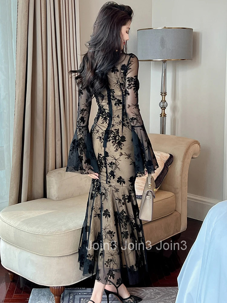 Fashion Mesh Sexy Long Evening Dress Women Ladies Chic Flare Sleeve Skinny Maxi Party Prom Robe Mujer Vestidos Elastic Clothing