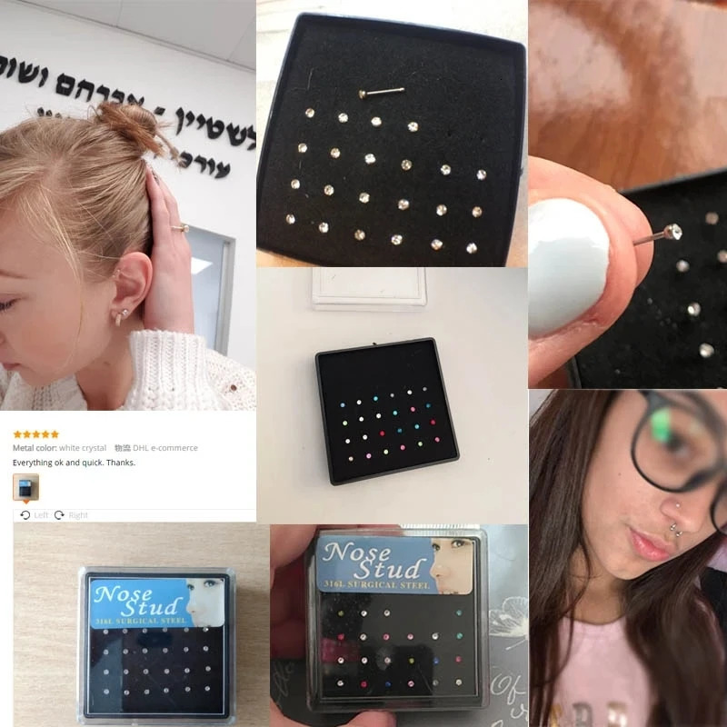24pcs Crystal Nose Ring Studs Fashion Body Women Girl Jewelry Stainless Steel Piercing Colorful 250613