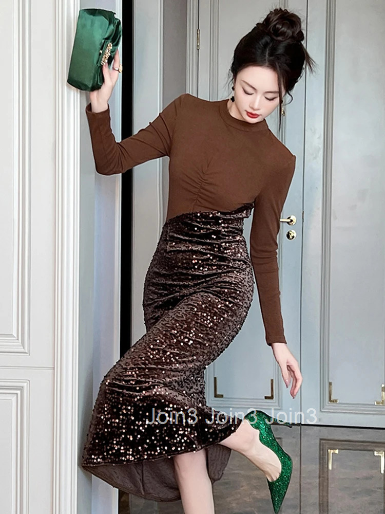 Women Clothes Sparkly Sequin Stand Neck Skinny Midi Fishtail Dress Elegant Luxury Ladies Fashion Party Prom Vestidos Spring New