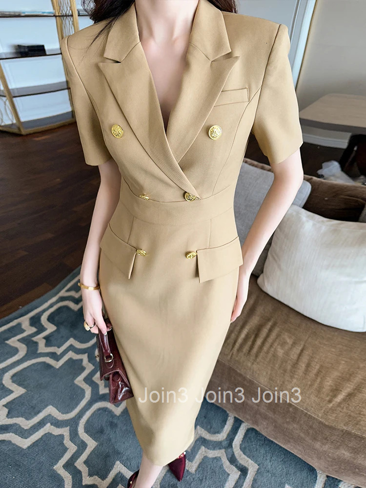 New Summer Elegant Lady Business Formal Occasion Dress Women Clothes Classic Blazer Solid Short Sleeve Slim Midi Pencil Vestidos