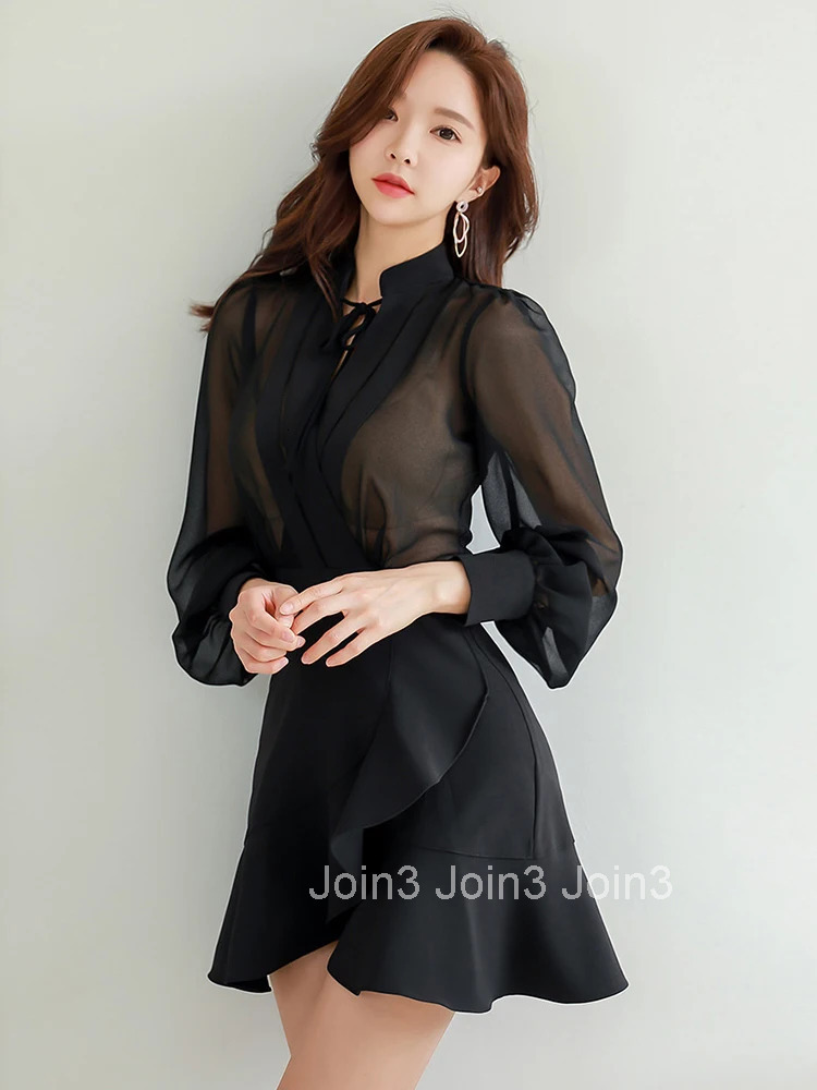 New Arrival Chiffon Perspective Mini Mermaid Dress Temperamental Black High Quality Work Style Cute Sexy Trumpet Dress