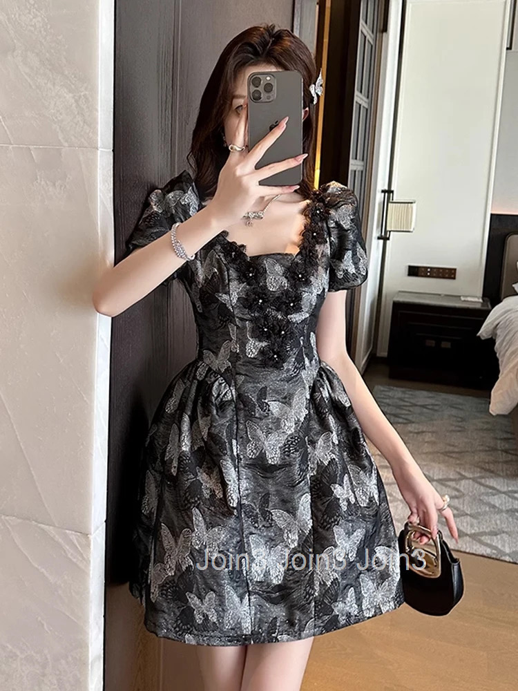 Summer Butterfly Print Black Gown Evening Dress Women Clothes Elegant Retro Puff Sleeve A-Line Short Party Prom Vestidos Fiesta