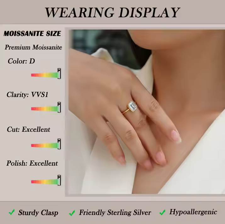 3ct Emerald Cut Moissanite Engagement Ring D Color VVS1 18K Gold Plated Band Modern Minimalist Bezel Set Design