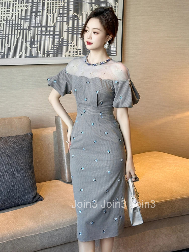 New Summer Striped Flower Embroidery Evening Dress Women Clothes Elegant Retro Bubble Sleeve Slim Midi Pencil Party Prom Vestido