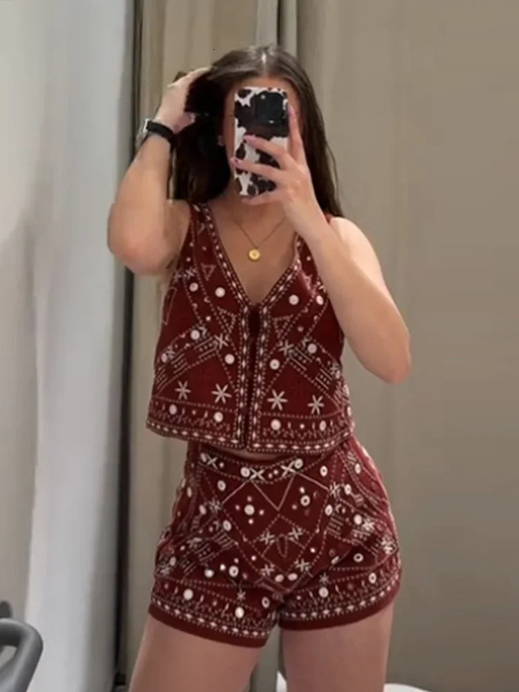 Elegant Embroidery Two Piece Set For Women Fashion V Neck Sleeveless Vest High Waist Shorts Summer Lady Office Suit Outfit 250616