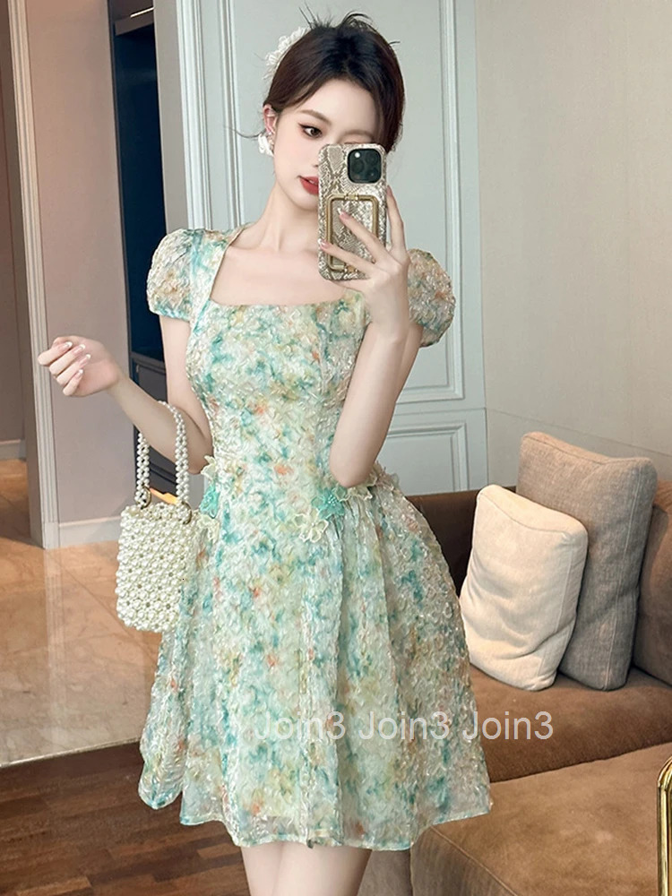 Women Clothes Sweet Floral Print Puff Sleeve Folds Slim Mini Short A-Line Dress Fashion Party Prom Vestidos Casual Beach Summer