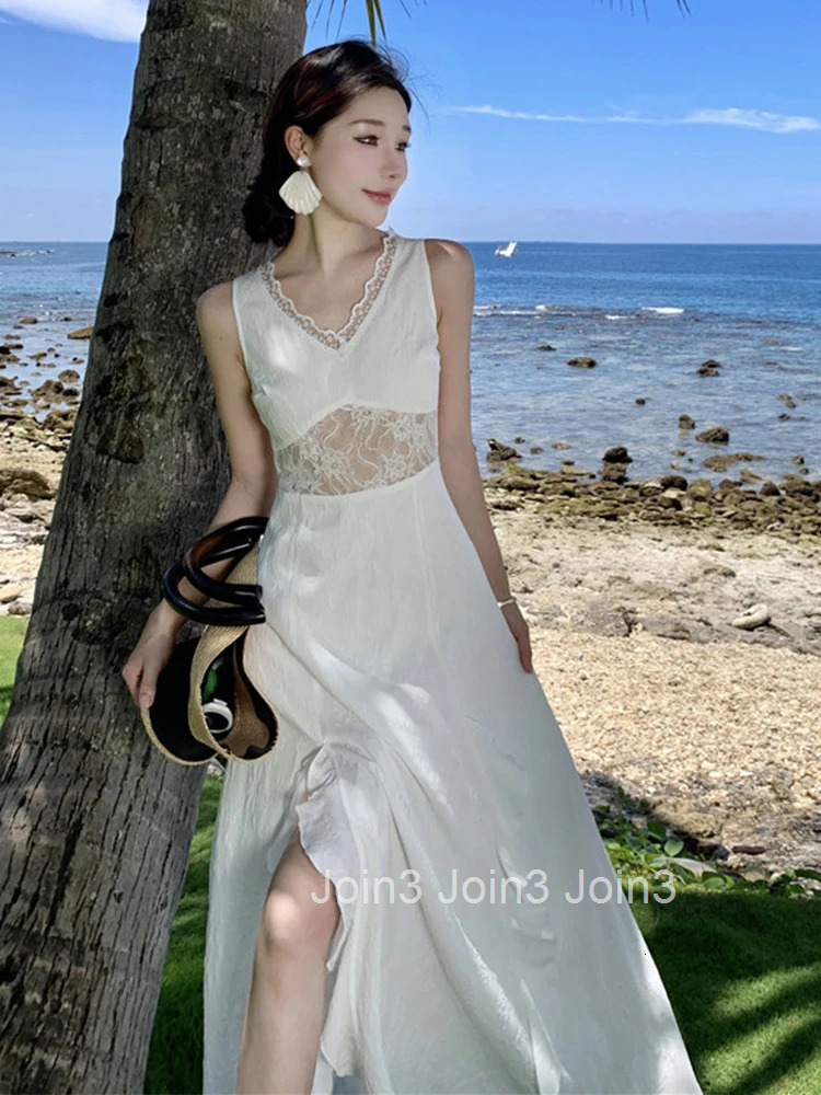 Women Vacation Clothes White Lace Floral Sheer Sexy V-Neck Slim A-Line Long Dress Elegant Fashion Party Prom Vestido Robe Casual