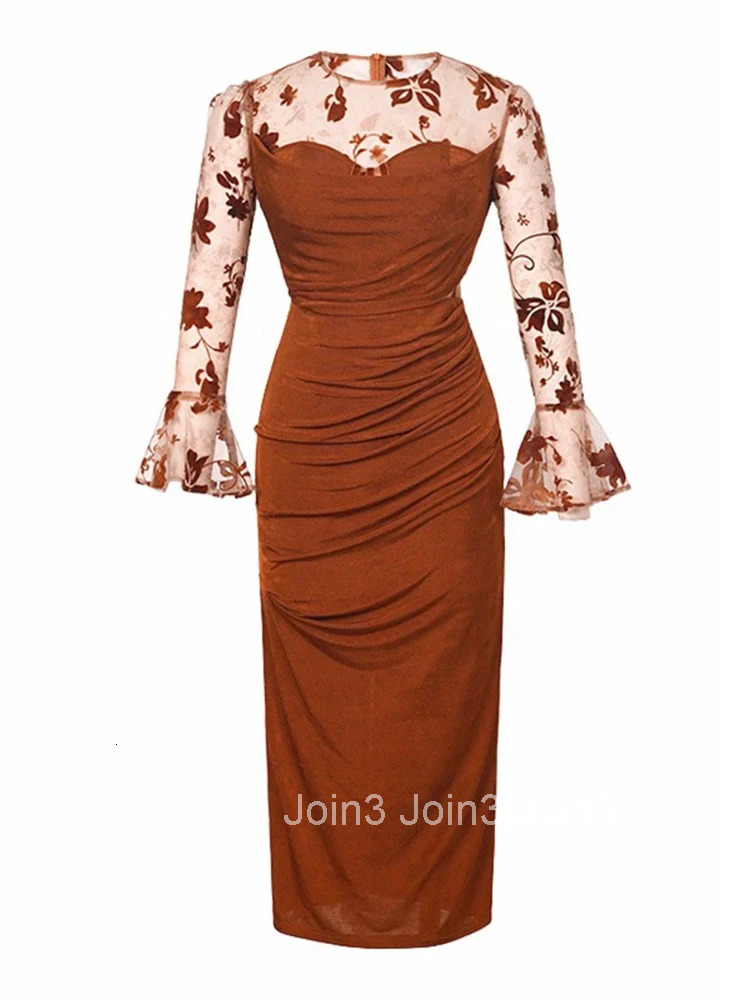 Fashion Ladies Chic Mesh Splic Sheer Sexy Long Prom Dress Women Mujer Elegant O-Neck Skinny Vestidos Robe Femme Stretchy Clothes