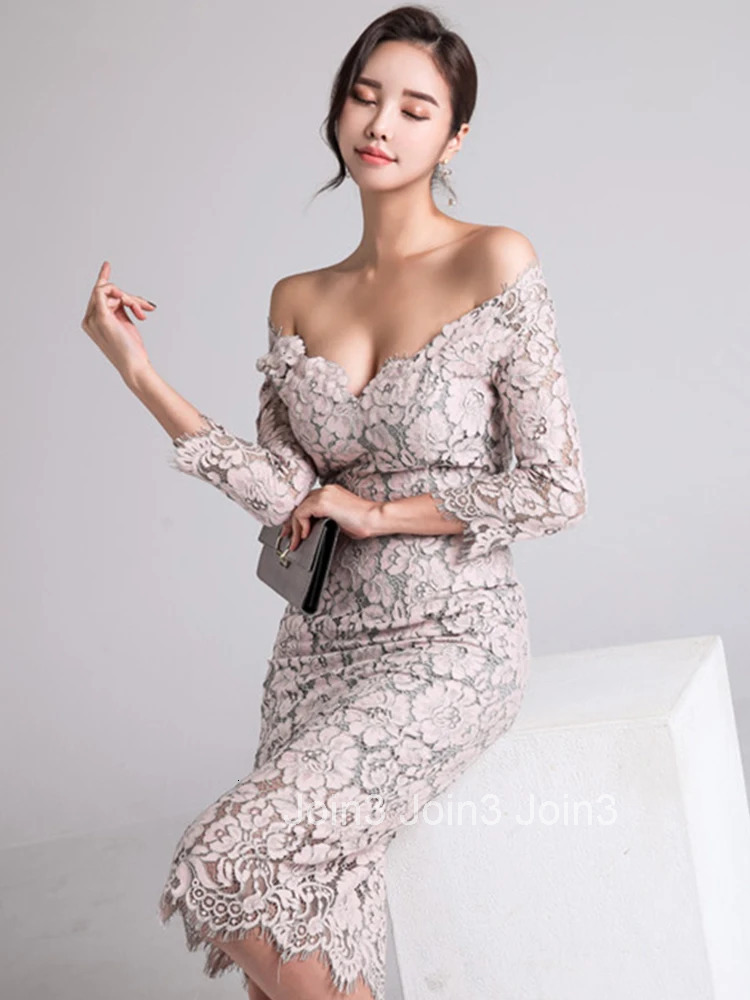 New Korean Fashion Ladies Lace Long Dress Women Mujer Elegant Chic Sexy Off-Shoulder Slim Midi Party Prom Vestido Street Clothes