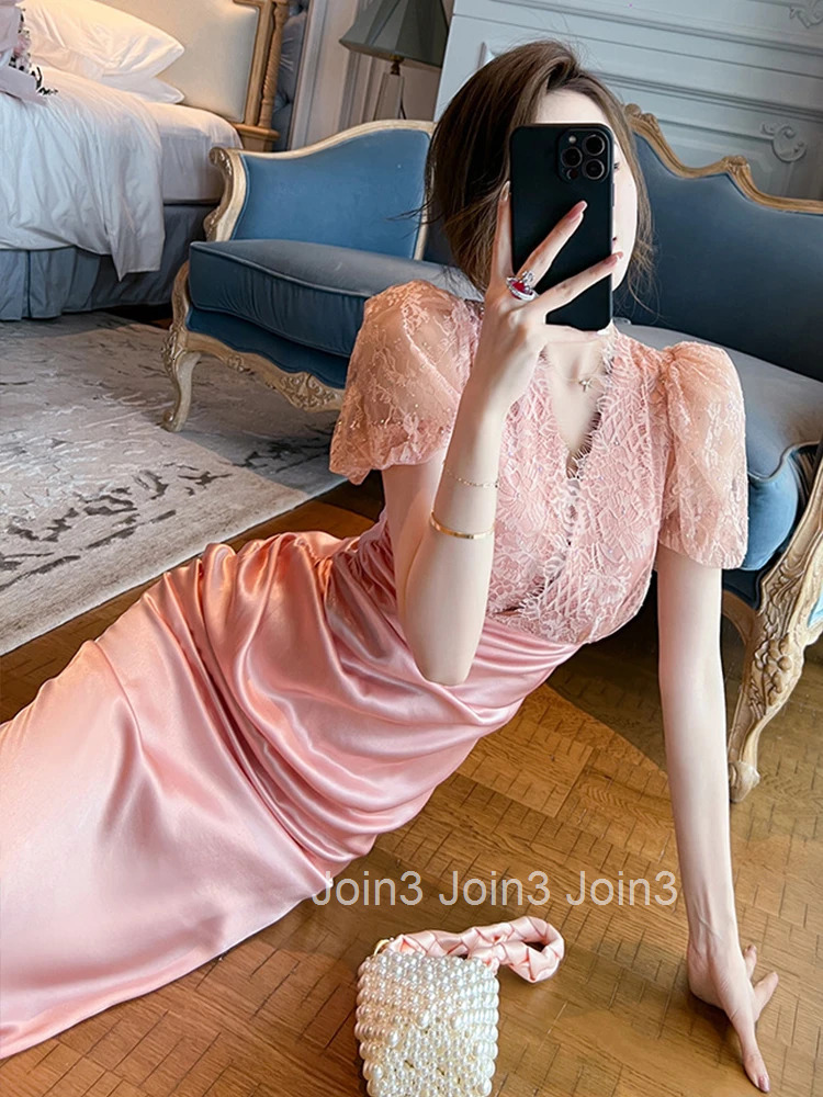 Summer Fashion Elegant Women Evening Dress Chic Satin Puff Sleeve Midi Party Prom Robe Femme Mujer Vestidos Fiesta Boda Invitada