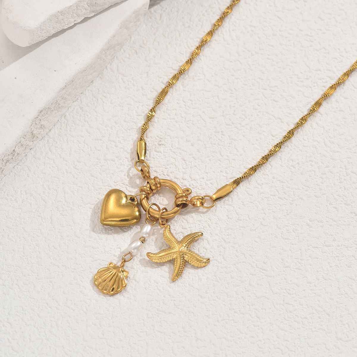 Ocean Style Women's Starfish Shell Design Inlaid Pearl Clarbone Chain Necklace for Women