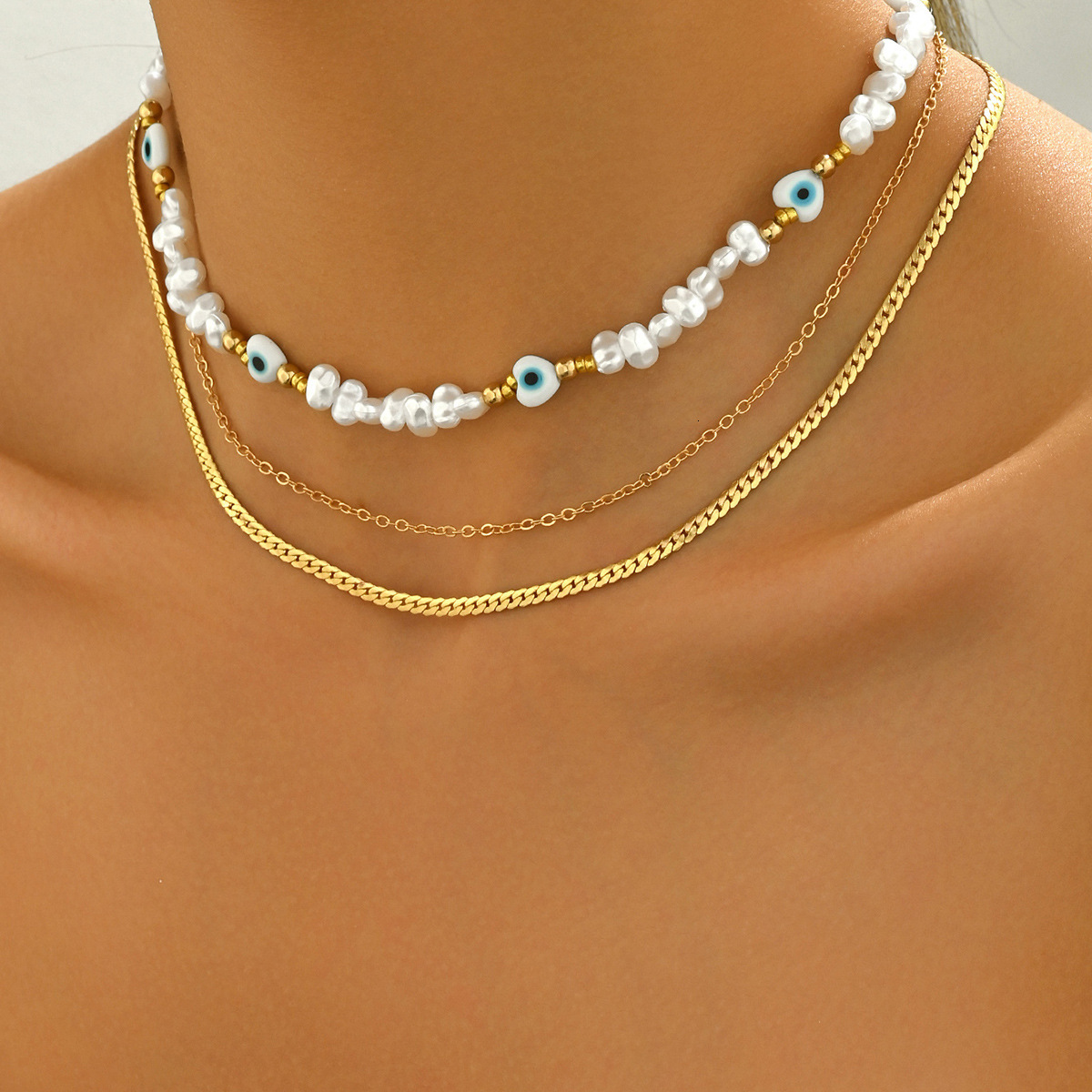 Style Three-Piece Set For Women, Inlaid Pearl Heart Design Long Clavicle Chain Necklace
