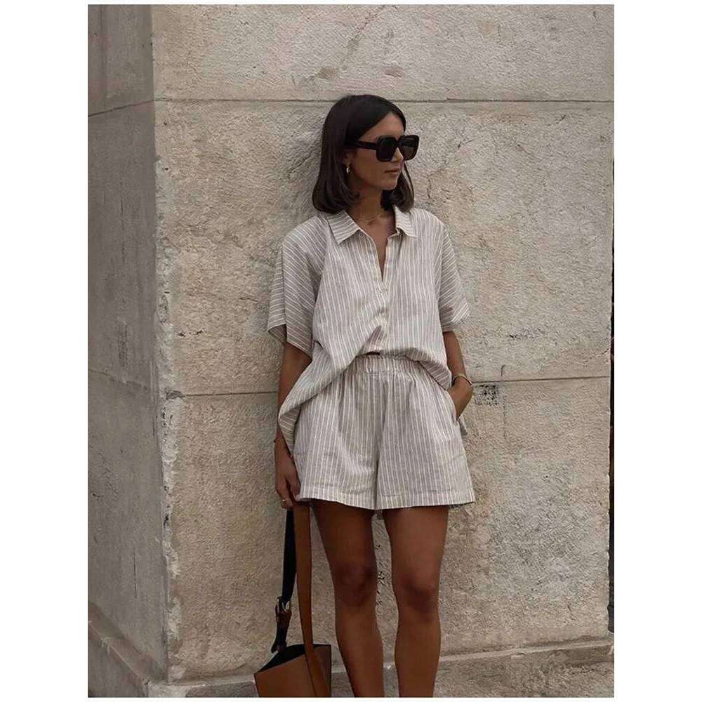Women Fashion Stripe Print Lace-Up Shorts Set Oversized Lapel Short Sleeve Single Breasted Shirts Suit Lady Casual Street Outfit