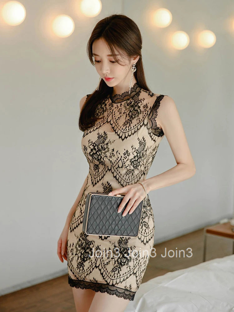New Arrival Fashion Lace Dress Women Elegant Summer Sexy Perspective Sleeveless Party Temperament Black Simple Mini Dress