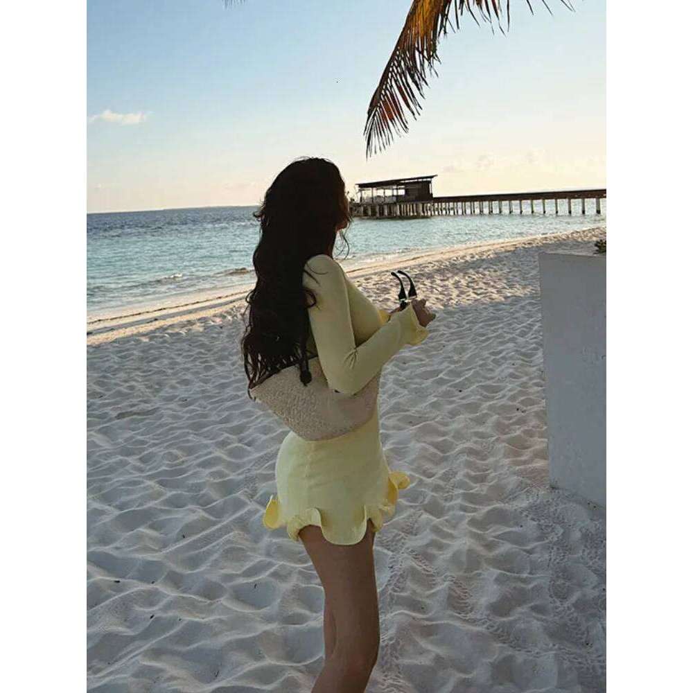 2025 Elegant Yellow Slim Fit Mini Dress Women High Waist Full Sleeve Ruffle Hem Pleated Vestido Female Holiday Summer Party Wear