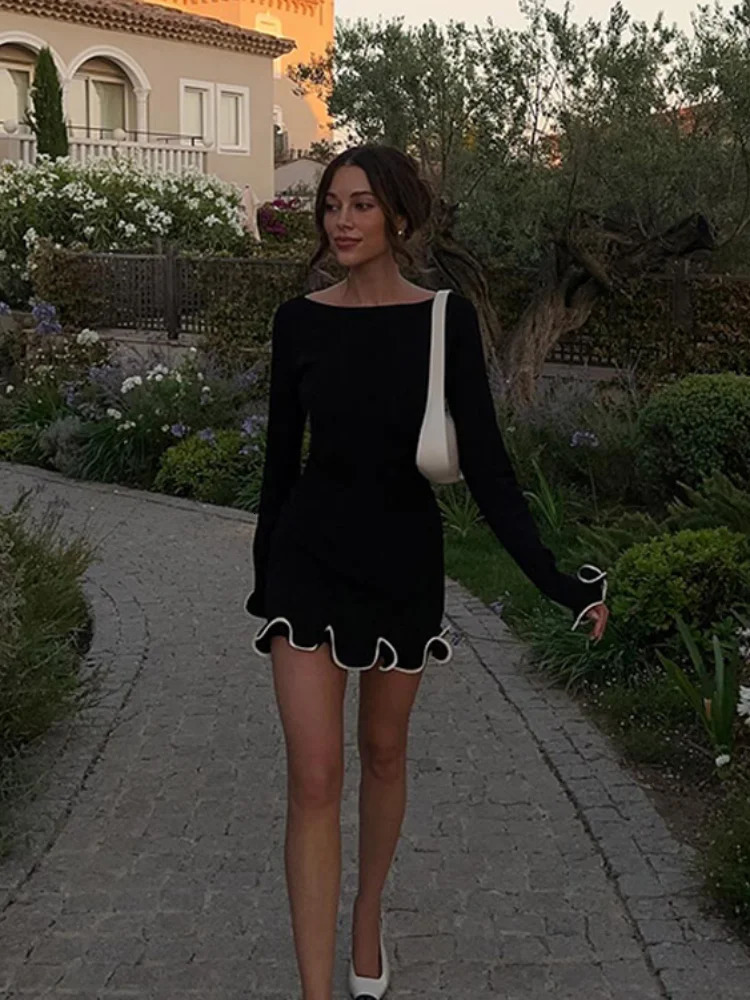 Women Chic Ruffles Hem Solid Mini Dress Elegant Full Sleeve High Waist Slim Fit Dresses Summer Vacation Street Vestidos 2025 250616