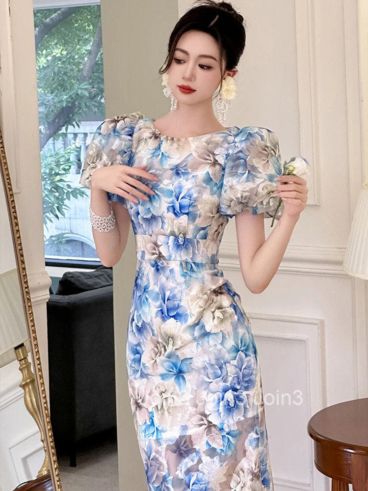 New Summer Elegant Women Evening Dress Retro Blue Floral Puff Sleeve Slim Midi Party Beach Prom Mujer Robe Femme Vestidos Fiesta