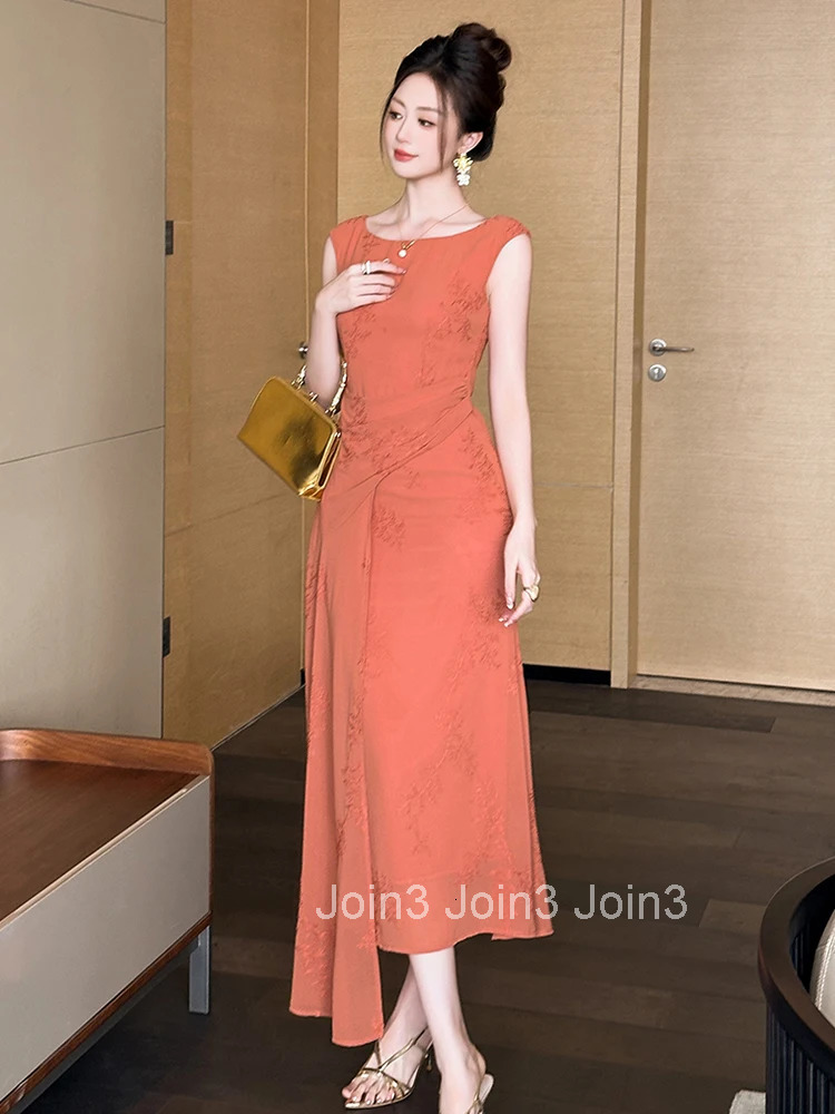 Summer Fashion Casual Chiffon Embroidery Asymmetrical Long Dress Women Clothes Elegant Lady Sleeveless Slim Robe Femme Vestidos