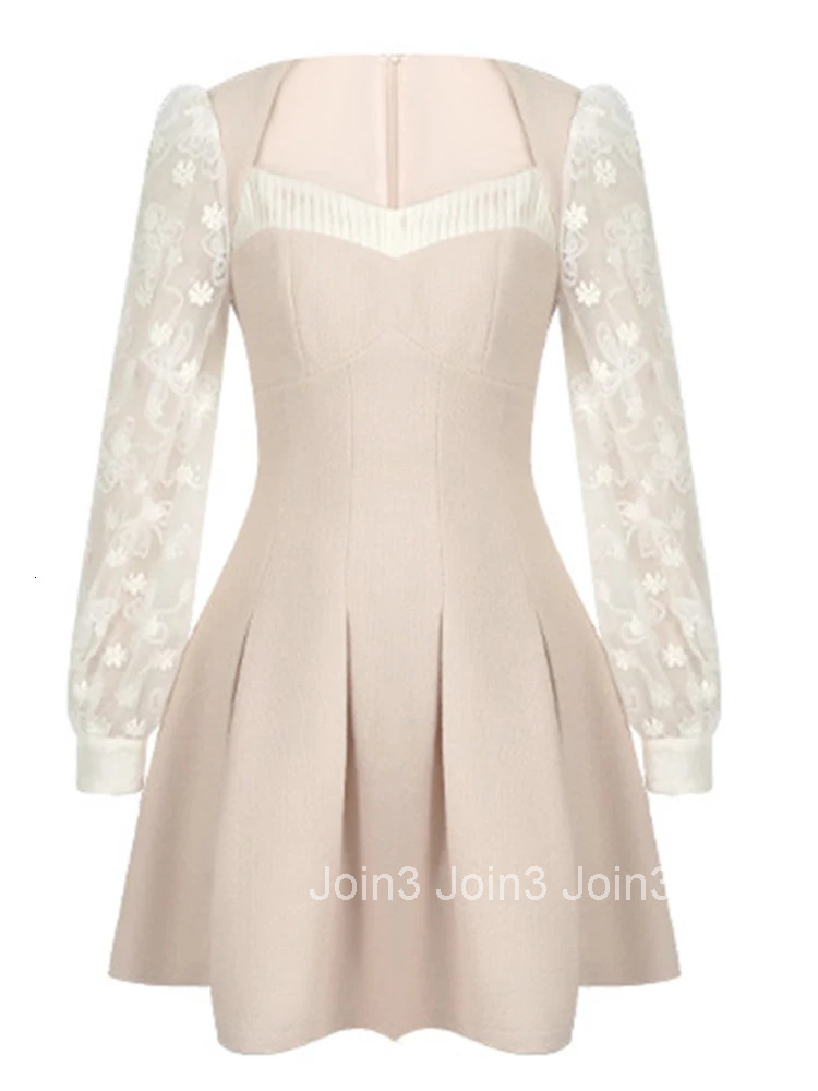 New Autumn Fashion Casual Sweet Square Collar A-Line Short Dress Women Clothing Elegant Lace Patchwork Long Sleeve Slim Vestidos