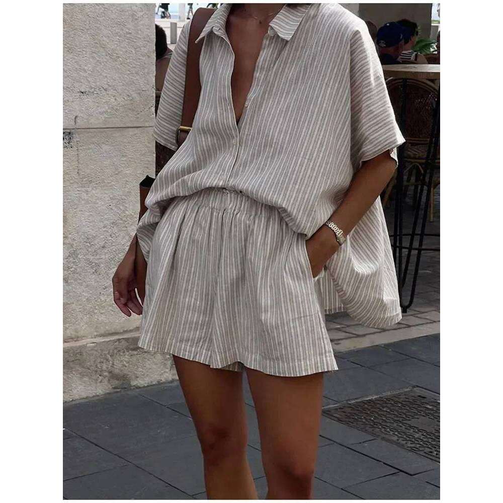 Women Fashion Stripe Print Lace-Up Shorts Set Oversized Lapel Short Sleeve Single Breasted Shirts Suit Lady Casual Street Outfit