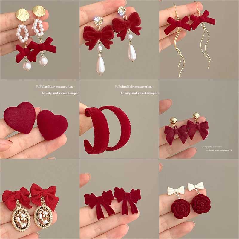 KADRUFI Vintage Red New Christmas Flocking Earrings for Women Bow-knot C-She Pearl Rhinestone Drop Earring Jewelry Party GiftXJ250623