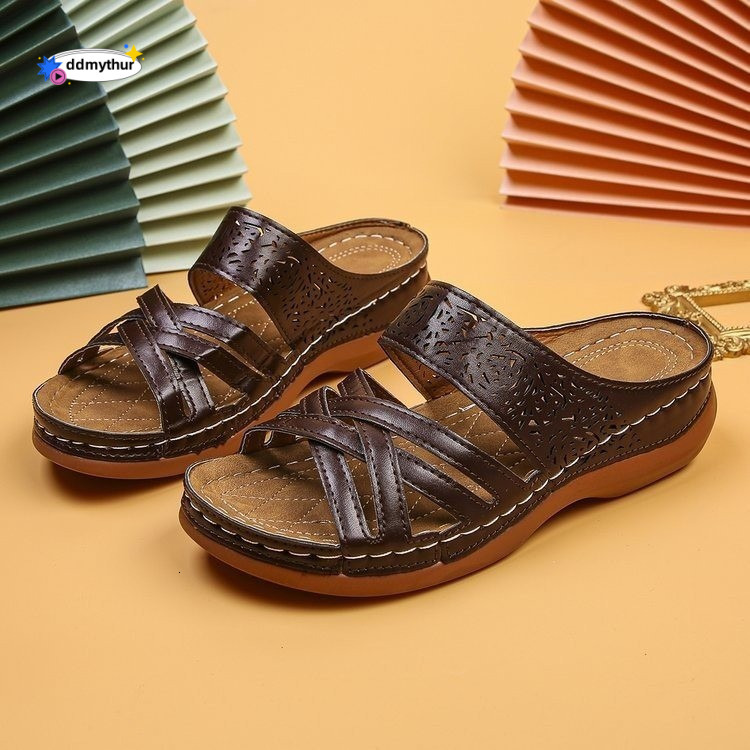2023 Summer New Women's Shoes One-Strap Wedge Thick Sole Stitched Hollow Large Size Mom Sandals Slippers ddmythur