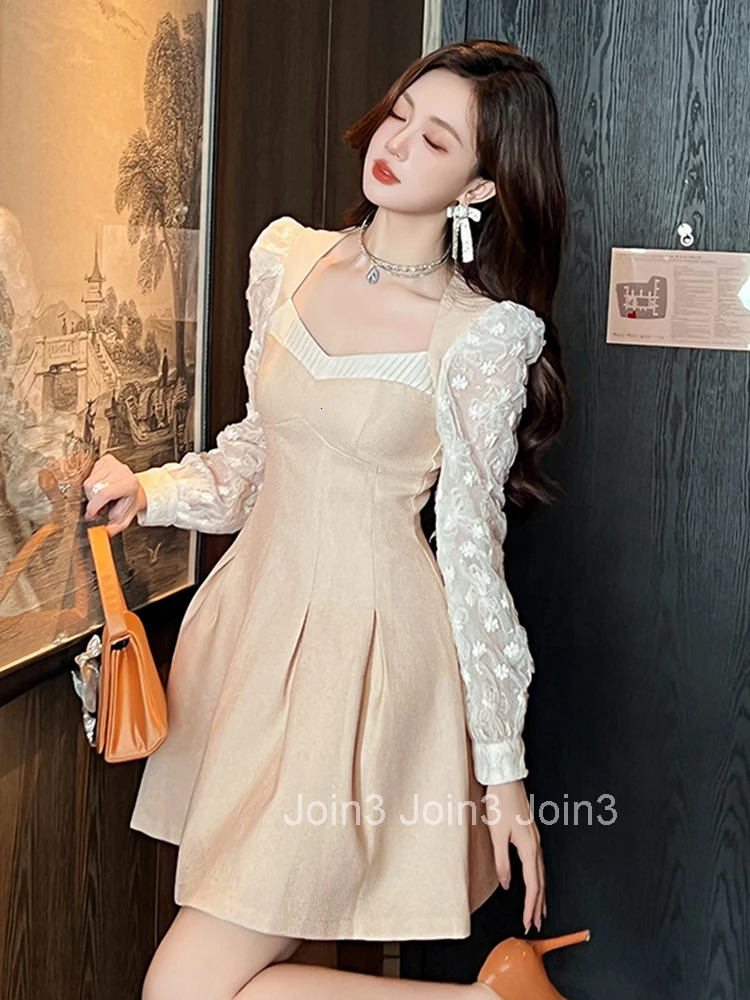 New Autumn Fashion Casual Sweet Square Collar A-Line Short Dress Women Clothing Elegant Lace Patchwork Long Sleeve Slim Vestidos